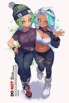 2_girls asymmetrical_docking bandeau beanie big_breasts black_hat black_leggings black_pants black_shoes black_shrug blue_hair blue_tongue bow bow_hairband bracelet breast_press breasts cleavage closed_mouth colored_tongue commentary dark-skinned_female dark_skin drill_hair eyebrow_cut full_body gradient_hair green_eyes green_hair hairband hairbow hand_on_another's_hip hand_on_another's_shoulder hand_on_own_hip hat high_res high_tops hood hood_down hooded_shrug huge_breasts jewelry jinkoika leggings long_sleeves looking_at_viewer medium_hair mev_(mevlingo) midriff multicolored_hair multicolored_shoes multiple_girls navel nintendo octoling octoling_girl octoling_player_character oerba_yun_fang open_mouth pants para_(voidedparadigm) parted_bangs pom_pom_(clothes) pom_pom_beanie purple_eyes purple_hair purple_shirt red_shoes shirt shoes short_sleeves shrug_(clothing) smile sneakers splatoon_(series) standing t-shirt tentacle_hair torn_clothes torn_leggings two-tone_hair white_bandeau white_bow white_hairband white_shoes