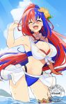 1girl alear_(female)_(fire_emblem) alear_(female)_(seaside_dragon)_(fire_emblem) alear_(fire_emblem) alluring big_breasts bikini blue_bikini blue_hair blue_sky blush bracelet cleavage closed_eyes cloud commentary_request criss-cross_halter crossed_bangs fire_emblem fire_emblem_engage fire_emblem_heroes flower gluteal_fold gold_thighlet hair_flower hair_ornament halterneck intelligent_systems jewelry long_hair multicolored_bikini multicolored_hair navel nintendo ocean official_alternate_costume official_alternate_hairstyle open_mouth outside ponytail red_bikini red_hair showgirl_skirt sky smile split-color_hair stomach swimsuit teeth thighlet thighs two-tone_hair upper_teeth_only very_long_hair water white_bikini yukia_(firstaid0)