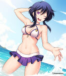 1girl alluring arm_behind_head beach bikini bikini_skirt black_hair blue_sky cleavage cloud commission commissioner_upload day etchimune fire_emblem fire_emblem:_genealogy_of_the_holy_war frilled_bikini frills intelligent_systems larcei_(fire_emblem) looking_at_viewer navel nintendo ocean one_eye_closed open_mouth outside short_hair sidelocks sky smile splashing string_bikini swimsuit water