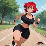 1girl 1girl 1girl ai ai-created ai_generated big_breasts big_breasts bigboobs black_bra black_pants cartoon crop_top curvaceous ecchi footwear green_eyes leggings legwear looking_at_viewer midriff original public red_hair running short_hair slender_waist sports_bra sportswear stockings thick_thighs tight_clothing tight_pants white_lingerie wide_hips yoga_pants