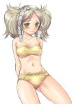 1girl alluring arms_behind_back bikini blush cleavage embarrassed female_focus fire_emblem fire_emblem_awakening fire_emblem_warriors frilled_bikini frills grey_eyes grey_hair headdress intelligent_systems lissa_(fire_emblem) long_hair looking_at_viewer midorinor navel nintendo parted_bangs simple_background sketch small_breasts strapless strapless_bikini swimsuit tube_top twin_tails wavy_hair wavy_mouth white_background yellow_bikini