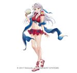 :d alluring bikini bikini_skirt bow cleavage copyright_notice fire_emblem fire_emblem:_radiant_dawn fire_emblem_heroes flower frilled_bikini frills front-tie_bikini_top front-tie_top gloves grey_hair hair_flower hair_ornament holding ichikawa_haru intelligent_systems long_hair medium_breasts micaiah_(fire_emblem) micaiah_(wavecrest_maiden)_(fire_emblem) navel nintendo official_alternate_costume official_art open_mouth red_bikini red_sandals sandals seashell shell simple_background sleeveless smile swimsuit white_background yellow_eyes yune_(fire_emblem)