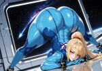 1girl ai_generated ass blonde_hair bodysuit curvy curvy_female curvy_figure jack-o_pose long_hair metroid ponytail samus_aran space space_station zero_suit
