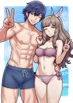 1boy 1girl 1girl ;) alternate_costume bikini blue_male_swimwear blue_sky border bow bow_bikini brown_hair chrom_(fire_emblem) cleavage closed_mouth cloud commentary commission day english_commentary fire_emblem fire_emblem_awakening fire_emblem_warriors grin hair_ornament high_res intelligent_systems long_hair looking_at_viewer male male_swimwear medium_breasts muscular muscular_male navel one_eye_closed outside_border pearl_hair_ornament pectorals purple_bikini rotomdocs side-tie_bikini_bottom sky smile stomach sumia_(fire_emblem) swim_trunks swimming_trunks swimsuit teeth thighs topless_male v white_border wing_hair_ornament