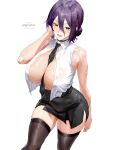 1girl big_breasts bubble_butt chainsaw_man cleavage green_eyes horny igiroitsu inviting_to_sex looking_at_viewer pose purple_hair reze_(chainsaw_man) standing stockings teasing thick_thighs