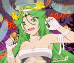 1girl 1girl alluring black_nail_polish fangs goddess green_eyes green_hair halloween kid_icarus mummy_costume palutena