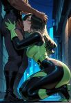 1boy1girl 1girl ai_generated alley bodysuit curvy curvy_female curvy_figure dark-skinned_male fellatio fellatio kim_possible long_hair night night_sky sex shego