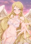 1girl absurd_res alluring alternate_costume angel_wings big_breasts bikini bird blonde_hair blush bow chrita cleavage closed_eyes commission feathered_wings female_only fire_emblem fire_emblem:_path_of_radiance fire_emblem:_radiant_dawn frilled_bikini frills heron high_res intelligent_systems leanne_(fire_emblem) long_hair nintendo pov reaching reaching_towards_viewer smile sunset swimsuit thighs very_long_hair white_bikini white_swimsuit white_wings wings