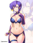 1girl 1girl absurd_res alluring arm_up big_breasts bikini blue_bikini blue_eyes commission commissioner_upload earrings etchimune fire_emblem fire_emblem:_the_blazing_blade fire_emblem_heroes flower gluteal_fold hair_flower hair_ornament halterneck hand_on_own_chest high_res hoop_earrings intelligent_systems jewelry looking_at_viewer navel nintendo non-web_source official_alternate_costume purple_hair short_hair smile swimsuit ursula_(fire_emblem) ursula_(summer)_(fire_emblem)