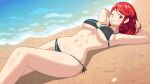 1girl alluring beach big_breasts bikini blush earrings ethanexion feet_out_of_frame female_focus jewelry looking_at_viewer lying navel on_back one_eye_closed outside pyra_(xenoblade) red_eyes red_hair sand shadow smile swimsuit water wink xenoblade_(series) xenoblade_chronicles_2