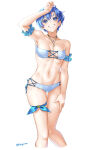 1girl 1girl absurd_res alluring alternate_costume armband bikini blue_eyes blue_hair collarbone commentary_request cross-laced_bikini cross-laced_clothes fire_emblem fire_emblem:_the_binding_blade frilled_armband frills grin high_res intelligent_systems jewelry medium_breasts navel necklace nintendo shanna_(fire_emblem) short_hair simple_background smile standing sweat swimsuit thigh_bow thigh_strap tsukimura_(d24f4z8j3t) wet white_background white_bikini