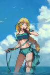 1girl 1girl alluring bikini bird blonde_hair blue_sky braid brown_gloves cloud crop_top day fingerless_gloves fire_emblem fire_emblem:_three_houses fire_emblem_heroes flower gloves green_bikini green_eyes hair_flower hair_ornament high_res holding imageprogram_(kent) ingrid_brandl_galatea ingrid_brandl_galatea_(summer) intelligent_systems long_hair medium_breasts midriff nintendo ocean official_alternate_costume open_mouth outside revision seagull sky swimsuit wading water