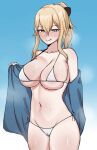 1girl 1girl alluring big_breasts bikini blonde_hair blush chihel genshin_impact grey_eyes hair_ornament jean_gunnhildr licking_lips looking_at_viewer partially_clothed ponytail simple_background sweat