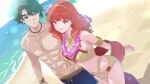 1boy 1girl abs alm_(fire_emblem) athletic_male beach bikini blue_swim_trunks canon_couple celica_(fire_emblem) celica_(summer)_(fire_emblem) couple criss-cross_halter criss-cross_straps fire_emblem fire_emblem_echoes:_shadows_of_valentia fire_emblem_heroes fire_emblem_warriors fit_male flower flower_hairband flower_necklace gold_bikini green_eyes green_hair hair_flower hair_ornament halterneck hetero holding_hands intelligent_systems jewelry lei male_swimwear necklace nintendo official_alternate_costume red_eyes red_hair red_sash sand sash summer swim_trunks swimsuit takasaka_light water