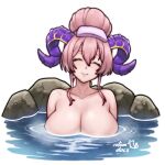 1girl 1girl alternate_hairstyle artist_name blush cleavage closed_eyes closed_mouth collarbone commentary completely_nude curled_horns english_commentary fire_emblem fire_emblem_heroes hair_bun high_res horns huge_breasts intelligent_systems large_horns long_hair multicolored_horns nerthuz_(fire_emblem) nintendo nude onsen partially_submerged pink_hair pink_lips purple_horns rock rotomdocs signature simple_background smile towel towel_on_head two-tone_horns water white_background yellow_horns