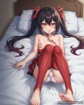 1girl 1girl 1girl :q bare_shoulders barefoot bed bed_sheet black_choker black_hair blush breasts cameltoe choker clothes_pull clothing dress dress_pull feet finger_to_mouth full_body hair_between_eyes hair_ribbon heart-shaped_pupils knees_up legs long_hair looking_at_viewer lying multicolored_hair nipples no_shoes on_back on_bed panties panties pillow pussy_juice pussy_juice_stain red_dress red_eyes red_hair red_ribbon red_thighhighs ribbon shushing small_breasts smile soles stockings symbol-shaped_pupils thighs toeless_legwear toenails toes tongue tongue_out topless twin_tails underwear waifuai_studio wet wet_clothes wet_panties white_panties