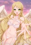 1girl 1girl absurd_res alluring alternate_costume angel_wings big_breasts big_breasts bikini bird blonde_hair blush bow chrita cleavage closed_eyes commission feathered_wings female_only fire_emblem fire_emblem:_path_of_radiance fire_emblem:_radiant_dawn frilled_bikini frills heron high_res intelligent_systems leanne_(fire_emblem) long_hair nintendo pov reaching reaching_towards_viewer smile sunset swimsuit thighs very_long_hair white_bikini white_swimsuit white_wings wings