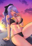 1girl 1girl alluring alternate_hairstyle arm_support artist_name beach big_breasts bikini black_bikini blush camilla_(fire_emblem) camilla_(hostile_springs)_(fire_emblem) cleavage dekura finger_to_mouth fire_emblem fire_emblem_fates fire_emblem_warriors hair_over_one_eye hair_ribbon half-closed_eye high_res intelligent_systems legs long_hair looking_at_viewer navel nintendo ocean pink_lips ponytail purple_eyes purple_hair ribbon seductive_gaze seductive_smile smile sunset swimsuit thick_thighs thighs toned under_boob water
