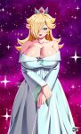 1girl alluring big_breasts blonde_hair blue_eyes cleavage crown dress female_only grin hair_over_one_eye high_res jadenkaiba long_hair looking_at_viewer mario_(series) nintendo princess_rosalina princess_rosalina_(movie) red_lipstick rosalina smiling_at_viewer super_mario_bros. the_super_mario_galaxy_movie