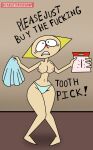 1girl background_character begging big_breasts blonde_hair blush dialogue gritted_teeth half_naked holding_clothing holding_object looking_at_viewer panicking panties sally_(sheep_in_the_big_city) scared scarletspiceshop sheep_in_the_big_city toothpick