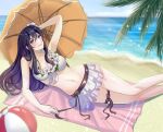 1girl 1girl absurd_res alluring alternate_costume arm_behind_head ayra_(fire_emblem) ball beach beach_umbrella beachball big_breasts bikini black_hair cleavage commissio fire_emblem fire_emblem:_genealogy_of_the_holy_war fire_emblem_heroes flower grin hair_flower hair_ornament high_res intelligent_systems kousetu0506 long_hair looking_at_viewer lying navel nintendo ocean on_side outside second-party_source smile swimsuit umbrella white_bikini