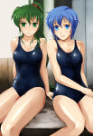 2_girls alluring bare_shoulders blue_eyes blue_hair fire_emblem fire_emblem:_the_blazing_blade green_eyes green_hair hair_ornament hairband headband high_ponytail high_res indoors intelligent_systems long_hair looking_at_viewer lyn lyn_(fire_emblem) lyndis_(fire_emblem) multiple_girls nintendo one-piece_bikini ponytail shanna_(fire_emblem) short_hair sitting smile swimsuit wet