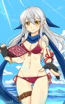 1girl 1girl alluring bikini black_gloves blue_scarf breasts cleavage day female_focus fingerless_gloves fire_emblem fire_emblem:_radiant_dawn fire_emblem_heroes gloves groin hair_ribbon half_updo holster intelligent_systems long_hair micaiah_(fire_emblem) navel nintendo ocean purple_bikini ribbon scarf shiny_skin side-tie_bikini_bottom silver_hair sky smile swimsuit thigh_holster yellow_eyes yukia_(firstaid0)