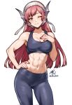 1girl 1girl ;) abs alluring artist_name black_pants black_sports_bra cherche_(fire_emblem) closed_mouth commentary english_commentary fire_emblem fire_emblem_awakening high_res intelligent_systems long_hair looking_at_viewer muscular muscular_female navel nintendo one_eye_closed pants red_eyes red_hair rotomdocs signature simple_background smile sports_bra sportswear stomach twitter_username watermark white_background yoga_pants