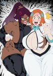 2_girls alternate_breast_size alternate_version_available anger_vein angry_face artist_name artist_signature asian_female awkward_situation awkward_smile bleach bleach:_the_thousand-year_blood_war breasts breasts_bigger_than_head cleavage cleavage_cutout dark-skinned_female duo fat_breasts female_only flat_belly full_body fully_clothed grabbing_another's_breast grabbing_breasts hand_on_hip headwear huge_ass huge_breasts human inoue_orihime leotard light-skinned_female long_hair looking_at_viewer multiple_girls muscular muscular_female orange-haired_female orange_hair ponytail purple-haired_female purple_hair shihouin_yoruichi sideboob sweat sweating sweaty_body sweaty_breasts tearing_up tears teasing thegoldensmurf thick_thighs weekly_shonen_jump yellow_eyes yuri