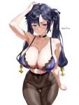 1girl big_breasts black_hair blue_eyes bubble_butt cleavage genshin_impact horny igiroitsu inviting_to_sex looking_at_viewer mona_(genshin_impact) pose standing stockings teasing thick_thighs