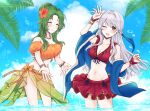 2_girls ;d alluring arm_up bare_shoulders big_breasts bikini bikini_skirt blue_scarf blue_sky blush bow braid cleavage closed_eyes collarbone crown_braid elincia_ridell_crimea elincia_ridell_crimea_(summer) fingerless_gloves fire_emblem fire_emblem:_radiant_dawn fire_emblem_heroes flower gloves grey_hair groin hair_flower hair_ornament hair_ribbon half_updo high_res intelligent_systems jewelry long_hair medium_breasts micaiah_(fire_emblem) micaiah_(wavecrest_maiden)_(fire_emblem) misato_hao multiple_girls navel necklace nintendo official_alternate_costume one_eye_closed open_mouth orange_bikini palm_tree red_bikini red_gloves ribbon scarf sky smile swimsuit towel tree wristband yellow_eyes