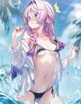 1girl ai_generated awkward_situation black_bikini blush breasts citlali_(genshin_impact) embarrassed_female genshin_impact ocean_background pink_hair raaicave small_breasts sunlight