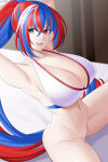1girl :d alear_(female)_(fire_emblem) alear_(fire_emblem) alluring alternate_hairstyle aslind_samure aslindsamure bare_legs bed big_breasts bikini_top blue_and_red_hair blue_eyes blue_hair cleavage dual_colored_hair fire_emblem fire_emblem_engage half_naked happy heterochromia intelligent_systems looking_at_viewer midriff naked_from_the_waist_down navel nintendo no_panties on_bed open_mouth pin_up ponytail pussy red_eyes red_hair sensual sexy_body sexy_pose silf smile tied_hair very_long_hair