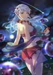 1girl alluring ass bare_arms bare_shoulders big_breasts bikini bird blue_ribbon commentary_request cowboy_shot fire_emblem fire_emblem:_radiant_dawn fire_emblem_heroes flower hair_flower hair_ornament hair_ribbon high_res intelligent_systems long_hair looking_at_viewer micaiah_(fire_emblem) micaiah_(wavecrest_maiden)_(fire_emblem) night night_sky nintendo red_bikini ribbon shooting_star sky smile standing star_(sky) starry_sky swimsuit tarayuki thighs very_long_hair white_flower white_hair yellow_eyes yune_(fire_emblem)
