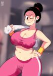 1girl androjuniarto belly big_breasts black_hair blush chichi chubby chubby_female dragon_ball dragon_ball_z earrings messy_hair one_eye_closed pale-skinned_female pale_skin shounen_jump slightly_chubby solo_female sports_uniform steaming_body steamy sweat sweat_stain sweaty sweaty_armpits sweaty_chest towel wet