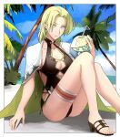 1girl alluring asagi_(banzoku210) bare_arms blonde_hair blue_eyes cape cleavage collarbone drinking_straw earrings feet female_focus fire_emblem fire_emblem:_the_sacred_stones fire_emblem_heroes fruit_cup full_body green_cape high_heel_sandals high_res highleg highleg_one-piece_bikini holding intelligent_systems jewelry long_hair looking_at_viewer medium_breasts nintendo one-piece_bikini palm_tree parted_bangs parted_lips sandals selena_(fire_emblem:_the_sacred_stones) selena_(summer)_(fire_emblem:_the_sacred_stones) sitting swimsuit thigh_strap thighs toes tree