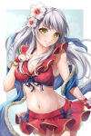 1girl 1girl alluring bare_shoulders bikini bikini_skirt blue_scarf cleavage collarbone fingerless_gloves fire_emblem fire_emblem:_radiant_dawn fire_emblem_heroes flower front-tie_top gloves grey_hair groin hair_flower hair_ornament half_updo intelligent_systems long_hair medium_breasts micaiah_(fire_emblem) micaiah_(wavecrest_maiden)_(fire_emblem) microskirt navel nintendo official_alternate_costume red_bikini red_gloves scarf simple_background skirt smile swimsuit ten_(tenchan_man) towel yellow_eyes