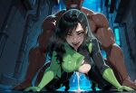 1boy1girl 1girl ai_generated alley bodysuit cum curvy curvy_female curvy_figure dark-skinned_male doggy_position doggy_position kim_possible long_hair night night_sky sex sex_from_behind shego