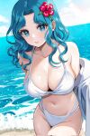 1girl adult_swim alluring aqua_eyes bare_legs bare_shoulders beach big_breasts bikini bishoujo_senshi_sailor_moon bishoujo_senshi_sailor_moon_s bishoujo_senshi_sailor_moon_s_the_movie bishoujo_senshi_sailor_moon_supers bishoujo_senshi_sailor_moon_supers_the_movie check_commentary cleavage cloud collarbone commentary_request cowboy_shot day flower hair_flower hair_ornament high_res koharumichi light_blush lips long_hair looking_at_viewer medium_hair michiru_kaiou midriff navel outside parted_bangs red_flower sand sidelocks sky smile stomach swimsuit teal_hair toei_animation toonami viz_media water wavy_hair white_bikini