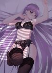 1girl 1girl absurd_res absurdly_long_hair alluring black_bra black_panties black_thighhighs blush bra braid camilitrox_cr commission commissioner_upload fire_emblem fire_emblem:_the_binding_blade fire_emblem_heroes high_res huge_filesize intelligent_systems lingerie long_hair looking_at_viewer lying medium_breasts midriff navel nintendo on_back panties purple_eyes purple_hair smile sophia_(fire_emblem) stockings underwear very_long_hair