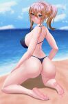 1girl alluring ass bare_legs barefoot beach bikini blonde_hair blue_eyes female_focus female_only genshin_impact jean_gunnhildr legs looking_at_viewer misherudraw pin_up sideboob soles spread_legs swimsuit thighs toes yellow_hair