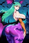 1girl ai_generated ass curvy curvy_female curvy_figure darkstalkers green_hair long_hair morrigan_aensland night succubus succubus_costume