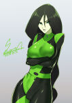 1girl big_breasts black_hair black_lipstick bodysuit breasts covered_navel crossed_arms disney female_only female_solo gradient gradient_background green_eyes green_skin grey_background hair_between_eyes half-closed_eyes kim_possible lips lipstick long_hair looking_at_viewer makeup multicolored_bodysuit multicolored_clothes neck pale-skinned_female pale_skin parted_lips sawasa sawasa_(artist) serious shego skin_tight standing supervillainess two-tone_bodysuit very_long_hair villainess