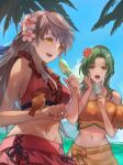 2_girls :d alluring bare_shoulders bikini bird bird_on_hand brown_eyes elincia_ridell_crimea elincia_ridell_crimea_(summer) fire_emblem fire_emblem:_radiant_dawn fire_emblem_heroes flower food front-tie_top green_hair grey_hair groin hair_flower hair_ornament hair_ribbon half_updo hand_on_own_cheek hand_on_own_face high_res ice_cream intelligent_systems long_hair mai_yukari micaiah_(fire_emblem) micaiah_(wavecrest_maiden)_(fire_emblem) multicolored_flower multiple_girls navel nintendo off-shoulder_bikini off_shoulder official_alternate_costume open_mouth plumeria red_bikini ribbon smile swimsuit yellow_eyes