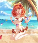 1girl 1girl adapted_costume alluring artist_name barefoot beach bikini blue_sky celica_(fire_emblem) character_name cleavage cloud day detached_collar female_focus fire_emblem fire_emblem_echoes:_shadows_of_valentia fire_emblem_warriors flower hair_flower hair_ornament high_res intelligent_systems long_hair nintendo open_mouth outside palm_tree red_eyes red_hair sitting sky snowsakurachan swimsuit tree twitter_username water
