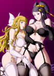 2_girls alluring big_breasts black_bra black_panties black_thighhighs black_vs_white blonde_hair blue_eyes bow bra bridal_gauntlets charlotte_(fire_emblem) cleavage earrings elbow_gloves female_focus fire_emblem fire_emblem_fates full_body garter_belt gloves gluteal_fold hair_bow hair_ornament hand_in_panties hand_on_own_chest intelligent_systems jewelry kneel lingerie long_hair looking_at_viewer multiple_girls navel nintendo orochi_(fire_emblem) panties purple_background purple_eyes purple_hair rakusai_(saisai_garou) sandals simple_background smile stockings thick_thighs thighs tongue tongue_out underwear white_bow white_bra white_gloves white_panties white_thighhighs