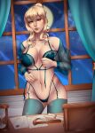 1girl 1girl 1girl alluring big_breasts blonde_hair blue_eyes bra cleavage genshin_impact jean_gunnhildr lingerie panties pin_up sagittam_ underwear