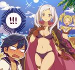 1boy 2_girls alluring bikini blonde_hair blue_eyes blue_hair blush brother_and_sister cape chibi chrom_(fire_emblem) closed_eyes day fire_emblem fire_emblem_awakening fire_emblem_heroes fire_emblem_warriors hair_ornament hiyori_(rindou66) hood intelligent_systems lissa_(fire_emblem) long_hair multiple_girls navel nintendo open_mouth outside robin_(fire_emblem) robin_(fire_emblem)_(female) short_hair short_twintails siblings silf sky smile swimsuit twin_tails white_hair