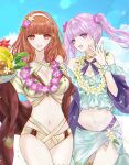 2_girls alluring aqua_bikini beach bikini brown_bikini bubble celica_(fire_emblem) celica_(summer)_(fire_emblem) cleavage criss-cross_halter fire_emblem fire_emblem:_the_blazing_blade fire_emblem_echoes:_shadows_of_valentia fire_emblem_heroes flower flower_hairband flower_necklace hairband halterneck helen_(helen2210hk) high_res intelligent_systems jewelry lei long_hair medium_breasts multiple_girls navel necklace nintendo official_alternate_costume pink_hair purple_bikini purple_eyes purple_sash red_eyes red_hair red_sash sash serra_(fire_emblem) serra_(summer)_(fire_emblem) stomach swimsuit swimsuit_skirt thighs twin_tails water