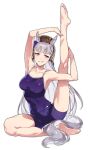 1girl animal_ears bare_legs barefoot big_breasts blush bow breasts brown_hat collarbone dot_nose feet female_focus full_body gold_ship_(umamusume) grey_hair grey_tail grin hat high_res horse_ears horse_girl horse_tail kotneciii leg_lift legs long_hair navel no_bra one-piece_swimsuit pink_eyes purple_bow purple_ribbon purple_shorts ribbon shorts simple_background sitting sleeveless smile solo_focus stretching swimsuit tail teeth thighs toes tracen_swimsuit umamusume white_background